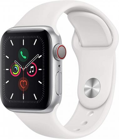 Apple Watch Series 5 (GPS + Cellular, 40MM) Silver Aluminum Case with White Sport Band (Renewed)