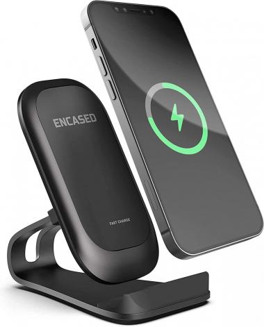 Encased (15W) Wireless Charger for iPhone 14/13/ 12/ Pro Max/ 11 Fast Charging Stand, Aluminum Desktop Qi Mount with Cable (Slim Case Compatible)