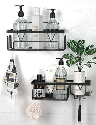 2-Pack Shower Caddy with Hooks Adhesive Shelf Shower Organizer Bathtub Storage Accessories, No Drilling Wall Mounted Stainless Steel Shower Shelves for Inside Shower for Bathtub and Kitchen, Black