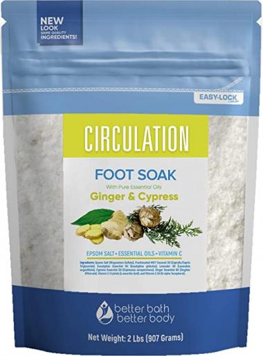 Circulation Foot Soak 32 Ounces Epsom Salt with Natural Ginger, Cypress, Eucalyptus, and Lavender Essential Oils Plus Vitamin C in BPA Free Pouch with Easy Press-Lock Seal