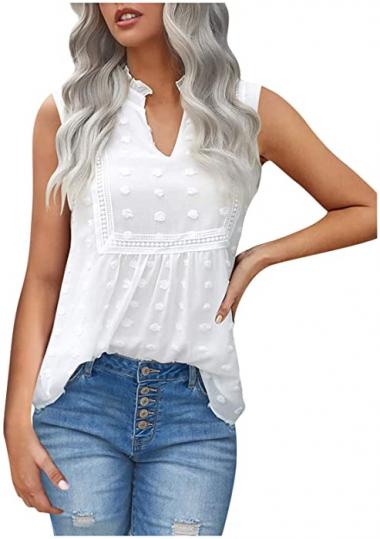 Womens Tops Dressy Casual Chiffon Blouses V Neck 3/4 Sleeve Summer Cute Swiss Dot Flowy T Shirts Loose Pom Pom Blouses