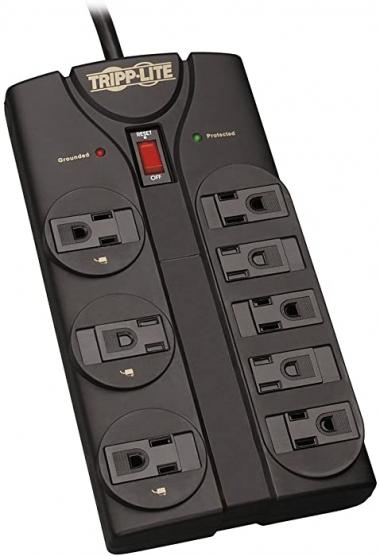 Tripp Lite TLP808B 8 Outlet Surge Protector Power Strip, 8ft Cord Right Angle Plug, Black, Lifetime Insurance