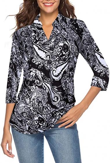 CEASIKERY Women's 3/4 Sleeve Floral V Neck Tops Casual Tunic Blouse Loose Shirt 008