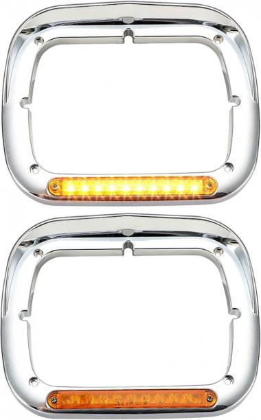 Partsam 2x 7x6 Headlight Bezel with 6" Amber LED Light Strip Chrome LH RH Replacement for 5x7 7x6 Light 2007-20 Peterbilt 365 367, 2016-20 Peterbilt 520, 2000-2005 Peterbilt 330, 93-2008 Kenworth T300