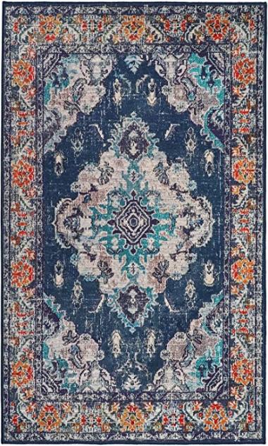 Wonnitar Bohemian Medallion Area Rug - Navy Blue 3x5 Washable Entry Rug Boho Bedside Rug Vintage Distressed Non-Slip Door Mat Throw Carpet for Entrance Bathroom Laundry Kitchen Indoor Office