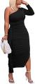 Women's Sexy Ruffle One Shoulder Dress Long Sleeve Split Ruched Bodycon Party Midi Dress