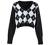 ZAFUL Women's Long Sleeve V-Neck Argyle Knitted Crop Sweater Pullover Tops