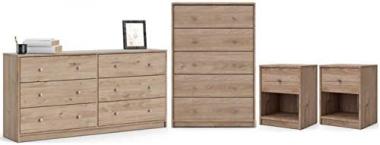 Home Square 4 Piece Bedroom Set with 6 Drawer Double Dresser, 5 Drawer Chest Dresser, Two Nightstands in Jackson Hickory