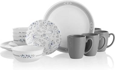 Corelle Prairie Garden Grey Chip & Break Resistant 16pc Dinner Set, Service for 4