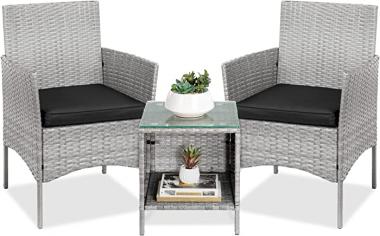 Best Choice Products 3-Piece Outdoor Wicker Conversation Bistro Set, Space Saving Patio Furniture for Yard, Garden w/ 2 Chairs, 2 Cushions, Side Storage Table - Gray/Black