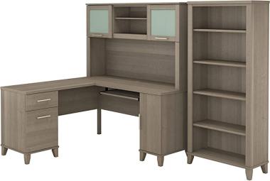 Bush Furniture Somerset 60W L Shaped Desk with Hutch and 5 Shelf Bookcase