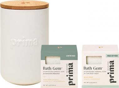 Prima Bath Gem + Holding Jar Bundle - Hemp Infused Bath Bomb + Ceramic Storage Jar Set - Includes 1 Unwind Bath Gem, 1 Recovery Bath Gem and 1 Ceramic Holding Jar - 3-Piece Set by Prima Beauty