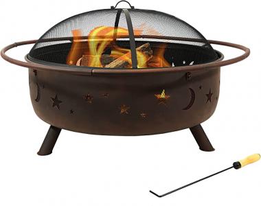 Sunnydaze Cosmic Fire Pit for Outdoors - 42-Inch Large Wood-Burning Fire Pit with Moon and Stars - Perfect for Patio and Backyard Bonfires - Includes Round Spark Screen, Poker and Metal Grate