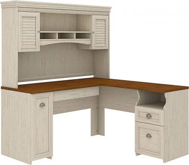 Bush Furniture Fairview L Shaped Desk with Hutch in Antique White