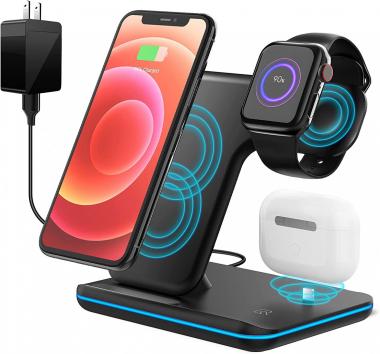 Wireless Charger Station,3 in 1 Fast Wireless Charging Station 15W QI Certified Wireless Charger Station for iPhone 12/11 PRO Max/X/XS Max /8/ iWatch Series 2/3/4/5 Airpods 3/2/1 with QC 3.0 Adapter