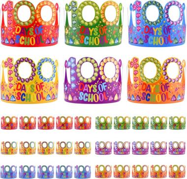 PLULON 36 Pieces 100 Days of School Crowns 100 Days Paper Crown Party Hats for Classroom Supplies Happy 100 Days Party Favors