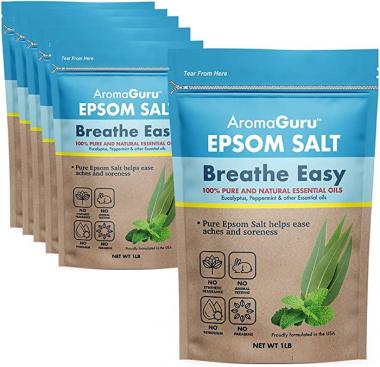 Aroma Guru Breathe Easy Epsom Salt - Enhanced with Natural Eucalyptus & Peppermint Essential Oil - Ease Day to Day Stress & Nasal Congestion - Pack of 6