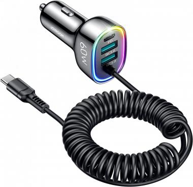 USB C Car Charger, 60W 4 Port Fast Car Charger [PD& QC3.0 Quick Charge] [Extendable Coiled Type C Cable] Multi Port Cigarette Lighter Adapter for Samsung Galaxy S22/21/10+/Google Pixel/iPhone/Android