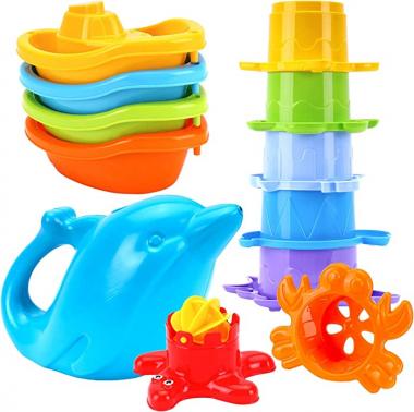 TECHNOK Baby Bath Toys for Toddlers - 12 pcs Rainbow Stacking Cups Baby Toy with Bath Boats Train and Toddler Watering Can - Stackable Plastic Bath Toys - Sea Animal Shapes Bath Toy for Girls and Boys