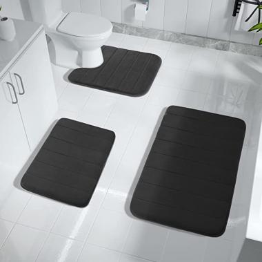 Yimobra Memory Foam Bath Mat Set, Bathroom Rugs for 3 Pieces, Toilet Mats, Soft Comfortable, Water Absorption, Non-Slip, Thick, Machine Washable, Easier to Dry for Floor Mats, Black