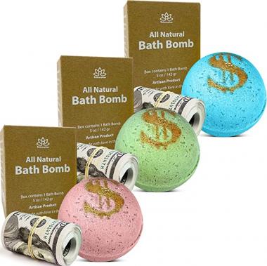 3 Bath Bombs Set with Cash Surprise Inside - Real Money Up to $100 Bill in Each Bath Bomb - Handmade in USA