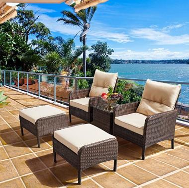 Yaheetech 5-Piece Patio Furniture Set, Outdoor Wicker Conversation Set Cushioned Sofa w/Ottomans and Coffee Table for Porch, Pool Balcony, Lawn