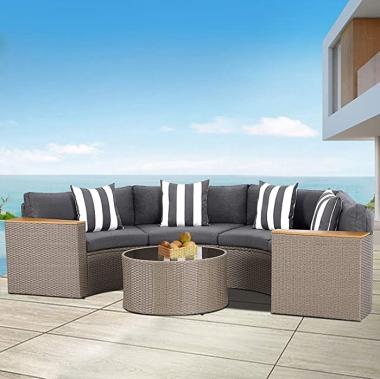 SOLAURA 5-Piece Patio Sectional Furniture Patio Half-Moon Set Brown Wicker Curved Outdoor Sofa with Grey Cushions & Glass Coffee Table (Grey)