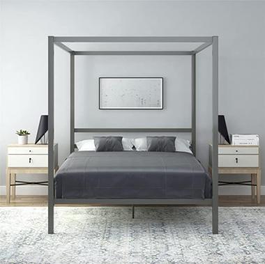 DHP Modern Metal Canopy Platform Bed with Minimalist Headboard and Four Poster Design, Underbed Storage Space, No Box Spring Needed, Queen, Gunmetal Gray