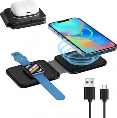 DREU Magnetic Foldable Charging Pad Portable Wireless Chargers 3 in 1, Fast Wireless Charging Station Compatible with QI Phones, iPhone 14/13/12/SE/11/XS/8, Samsung, AirPods Pro, Ap-ple Watches