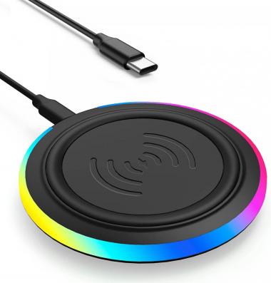 Wireless Charger Pad, 15W Max Fast RGB Wireless Charging Pad Compatible iPhone 14/14 Plus/14 Pro/14 Pro Max/13/13 Mini/SE 2022/12/11/X/8,Samsung Galaxy S22/S21/S20,AirPods 3 2 Pro(No AC Adapter) Black