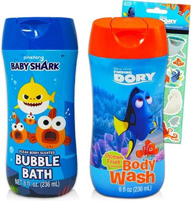 Baby Shark Bath Set for Kids Bundle ~ Baby Shark and Finding Dory Body Wash and Bubble Bath with Finding Dory Stickers! (Baby Shark Bathroom Set)