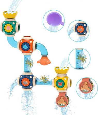 ZWYOIUG Bath Toys, STEM Baby Bathtub Toy with DIY Pipe Tubes, Cubes,Spoon, Lovely Cute Bathroom Time Spray Waterfall Shower Toy, Great Gifts for Toddlers Boys Girls 3 Years and up