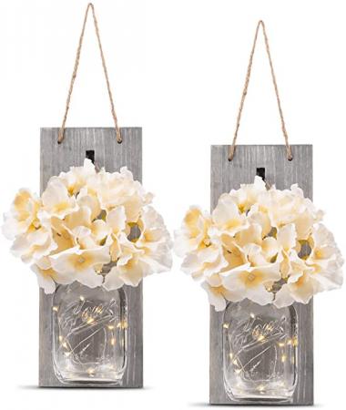 HOMKO Decorative Mason Jar Wall Decor - Rustic Wall Sconces with 6-Hour Timer LED Fairy Lights and Flowers - Farmhouse Home Decor (Set of 2)