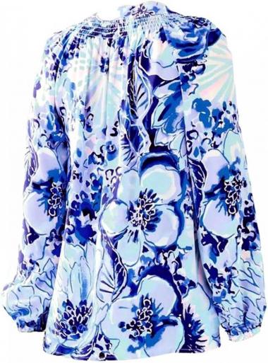 Lilly Pulitzer Women's Elsa Silk Blouse in Coastal Blue Catch N Keep (XL)