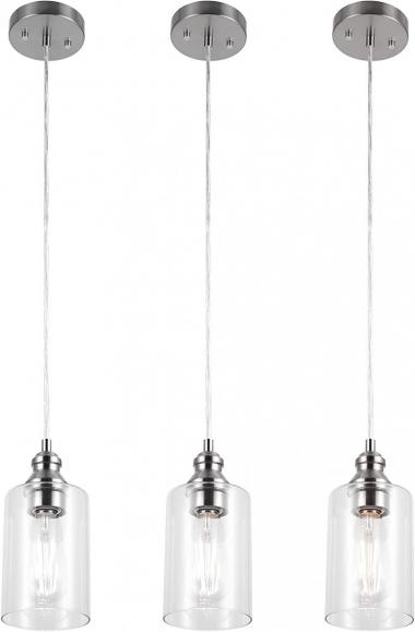 Gruenlich Pendant Lighting Fixture for Kitchen and Dining Room, Hanging Ceiling Lighting Fixture, E26 Medium Base, Metal Construction with Clear Glass, Bulb not Included, 3-Pack (Nickel Finish)