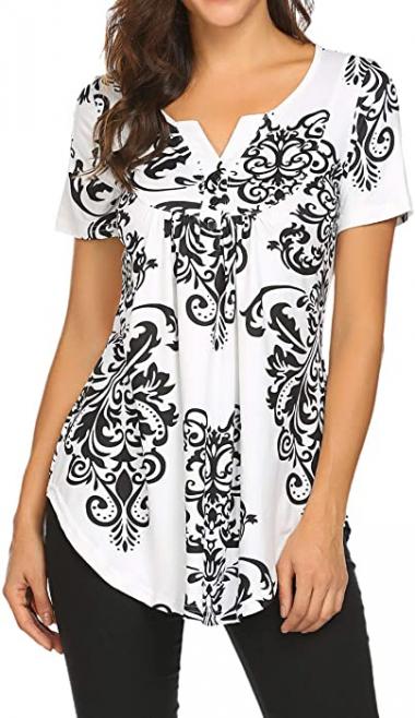 Women's Floral Printed Short Sleeve Henley V Neck T-Shirt Pleated Casual Flowy Tunic Blouse Tops