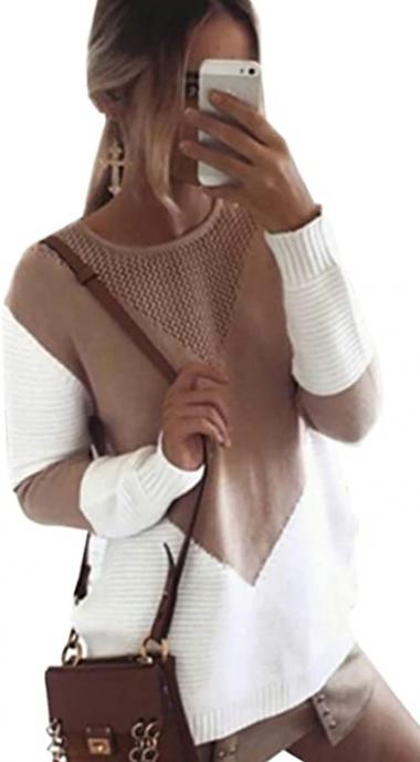 shermie Women Long Sleeve Crew Neck Pullovers Stitching Color Loose Knitted Sweaters