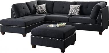 Poundex Bobkona Viola Linen-Like Polyfabric Left or Right Hand Chaise Sectional Set with Ottoman (Pack of 3), Black