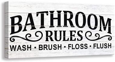 Kas Home Vintage Bath Canvas Wall Art Decor | Rustic Bathroom Rules Prints Signs Framed | Bathroom Laundry Room Decor (8 X 16 inch, Bathroom Rules - 02)