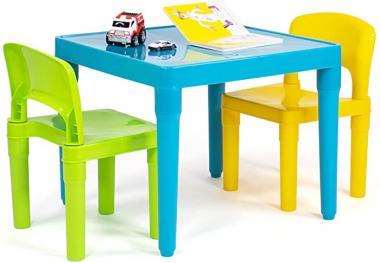 Humble Crew, Aqua Table & Green/Yellow Kids Lightweight Plastic Table and 2 Chairs Set, Square, Toddler