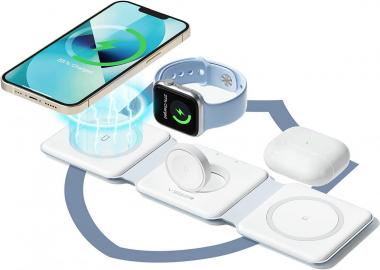 3 in 1 Wireless Charging Station, VEGER Travel Charger for Multiple Devices, Fast Wireless Charging Pad for iPhone, AirPods, iWatch, Qi Phones, Qi Earbuds More (White)