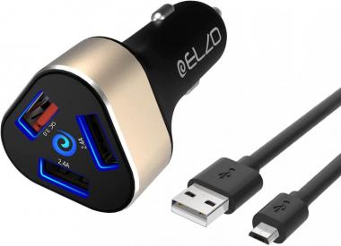 ELZO Car Charger USB Quick Charge 3.0 42W Fast Charge 3 Ports (1 Quick Charge 3.0 Port + 2 Smart Ports) with a 3.3ft Rapid Charge Micro USB Cable for Samsung Galaxy/Note,LG, Nexus, Black&Gold