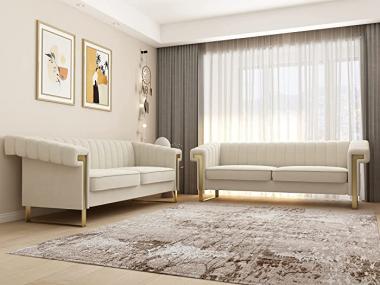 2PCS Chesterfield Sofa Set with Tufted Velvet Upholstered,Modern Velvet Couch with Flared Arms and Removable Cushions,83.85 Inch Width Living Room Furniture Set,Solid Wood Frame and Gold Legs,Beige