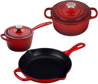 Le Creuset 5 Piece Enameled Cast-Iron SS Knob Condo Cookware Set - Cerise