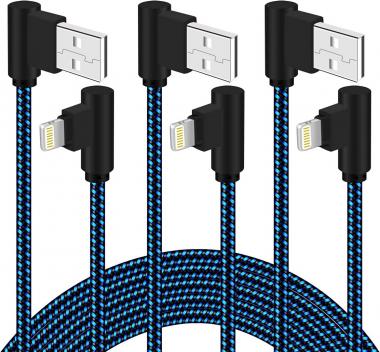 iPhone Charger 10 FT 3 Pack 90 Degree Lightning Cable Right Angle Braided iPhone Charging & Syncing Cord for iPhone 14/13/12/11 Pro MAX/iPhone 11/Xs Max/XS/XR/X/iPad(Blue Black,10Feet)