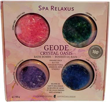 Spa Relaxus Geode Crystal Oasis Organic Bath Bomb Gift Set. Pure Essential Oils, Set of 4 x 100g