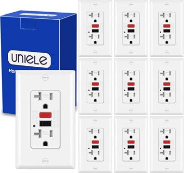 (10 Pack) UNIELE 20 Amp 125 Volt GFCI Recepticle Outlet, Tamper-Resistant GFI with LED Indicator, 20A/125V, ETL Listed