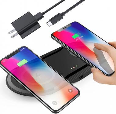 30W Fast Wireless Charger with Adapter, SWGIEEI 2 in 1 Wireless Charging Pad, Dual 15W Wireless Charging Station for iPhone Samsung AirPods Wall Chager Block Included, Black