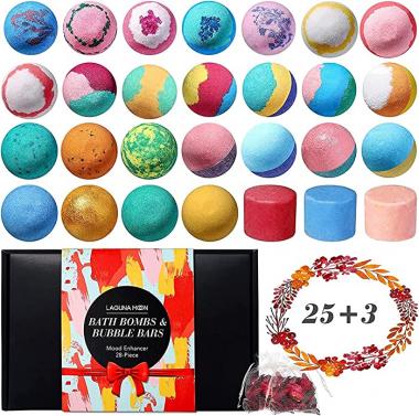 Organic Bath Bombs - 25 Extra Large Pcs + 3 Bubble Bars & Dried Flowers - Bubble Bath Shower Salts for Women, Men & Kids - Relaxing Bathbombs Gift Set Bath Essentials Shower Steamers