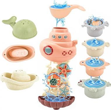 Bath Toys for Toddlers 1-3 Year Old Bathtub Water Toy,Kids Bathroom tub Toys Gifts for Boys Girls with 2 Strong Suction Cups,Lovely Sea Animals Submarine Stacking Cup,9PCS